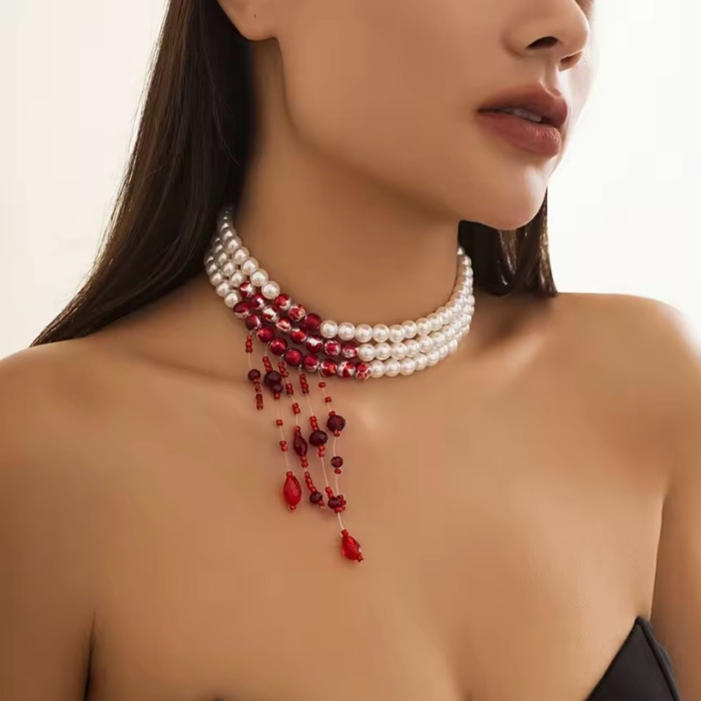 Vampire Bite Pearl and Red Bead Necklace